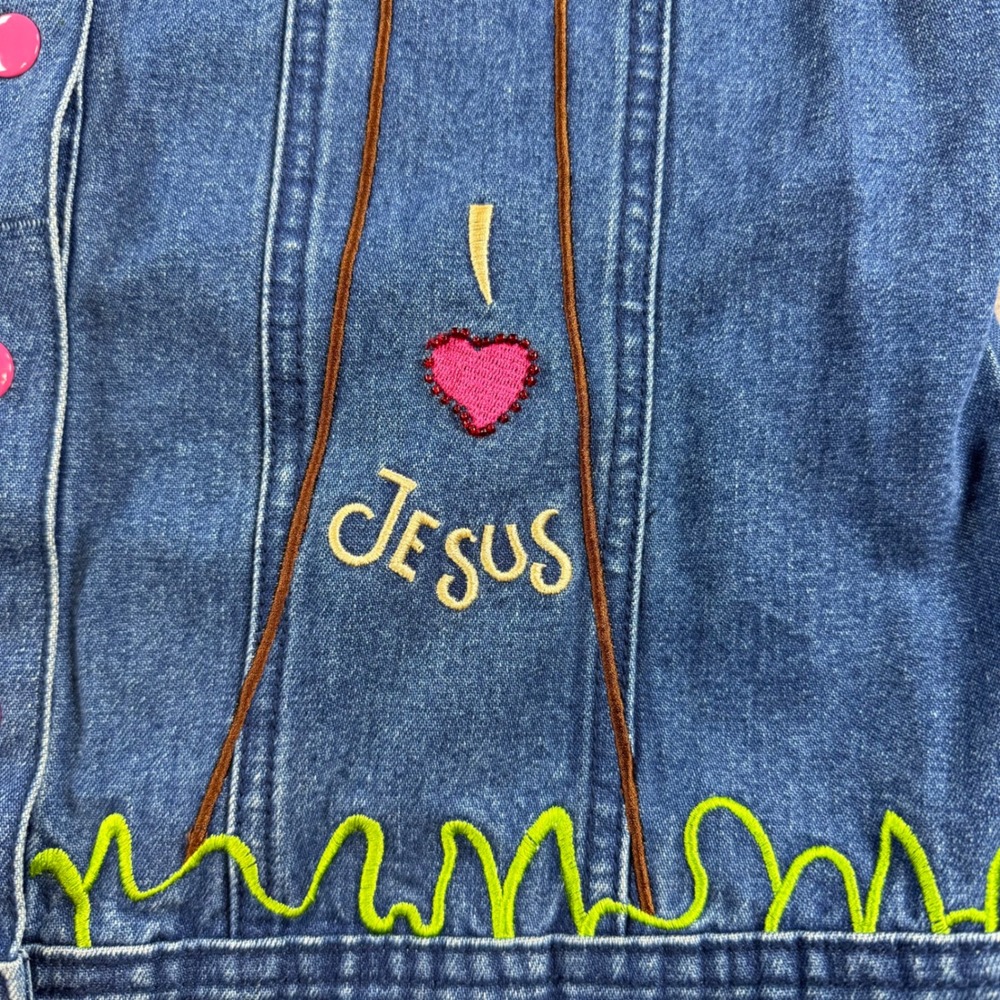Vintage I Love Jesus Embroidered Denim Jacket Blue Pink Snaps Butterfly Sun - Picture 7 of 16